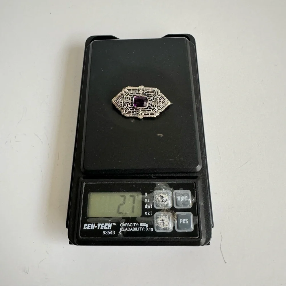 Art Deco 10K White Gold Brooch Filigree Amethyst Pin Ornate Victorian Vintage‎